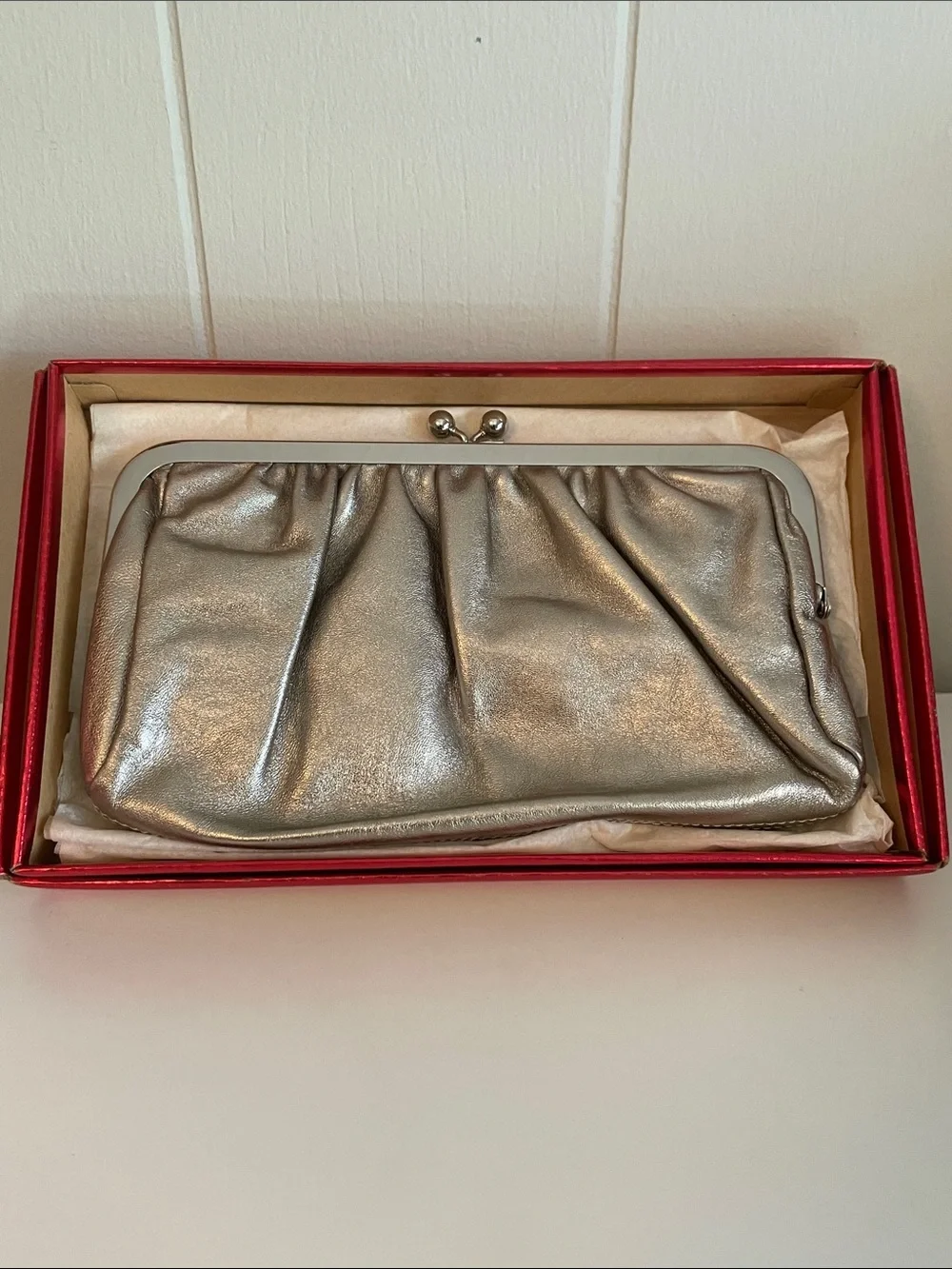 Express Metallic Leather Silver Frame Clutch